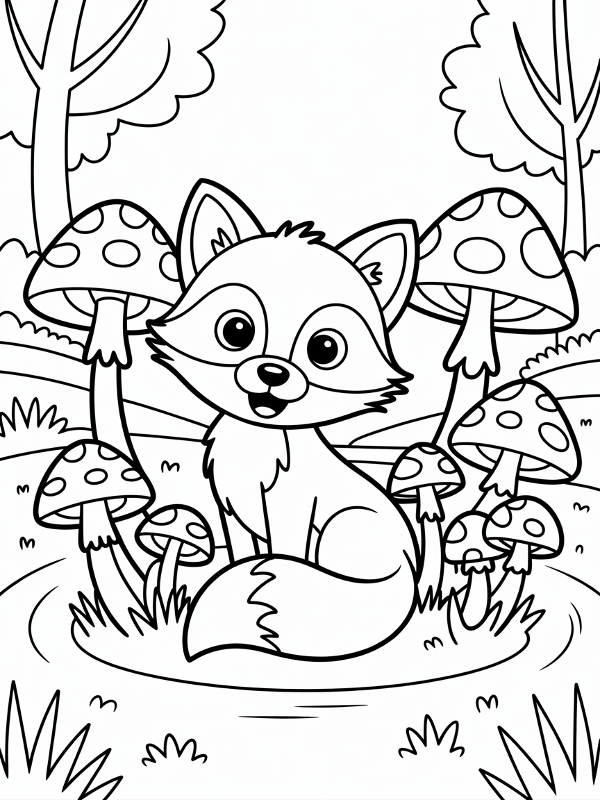 A fox sitting in the forest next to mushrooms - Free Coloring Page