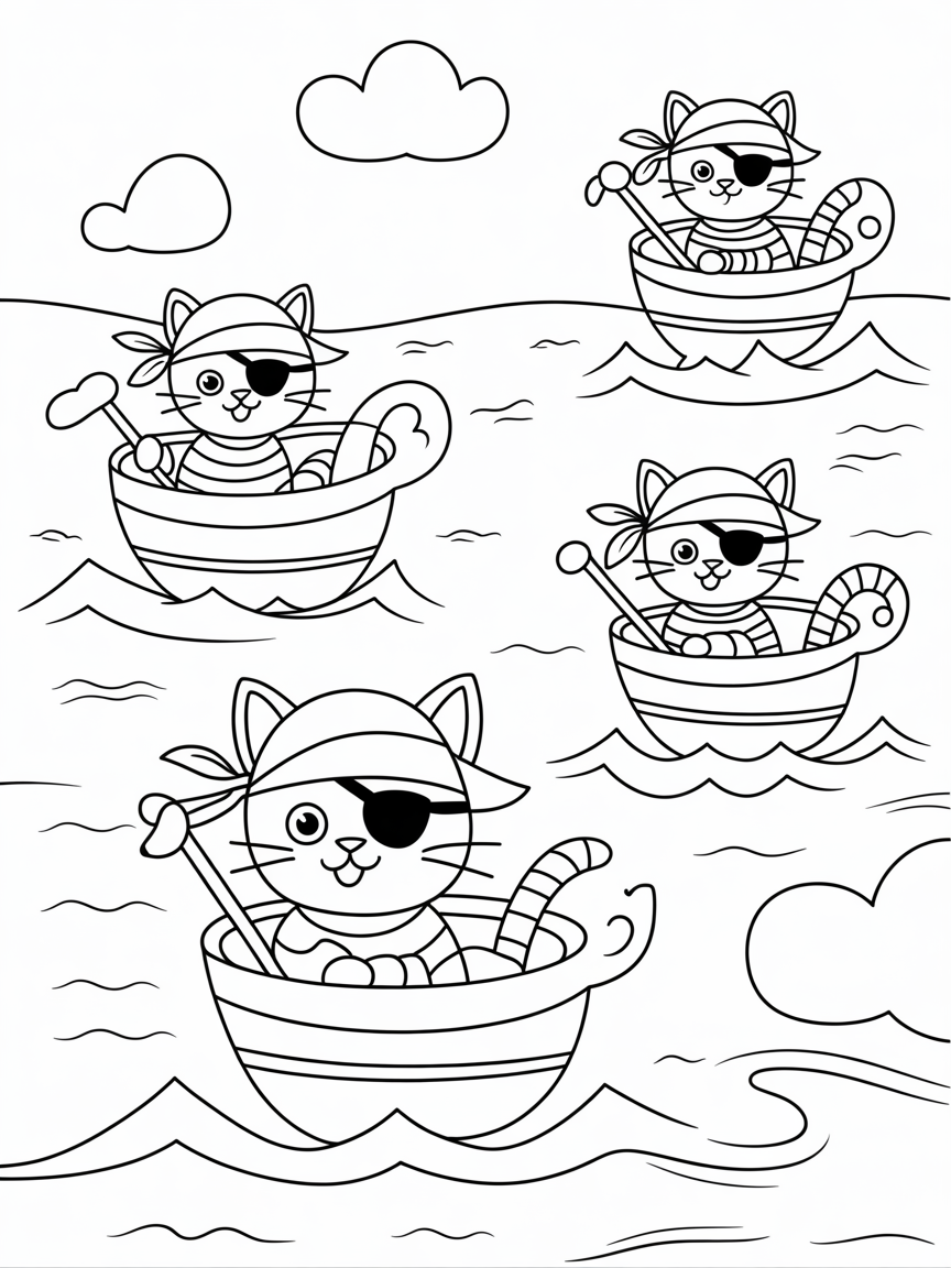 Pirate cats sailing in teacup ships - Free Coloring Page