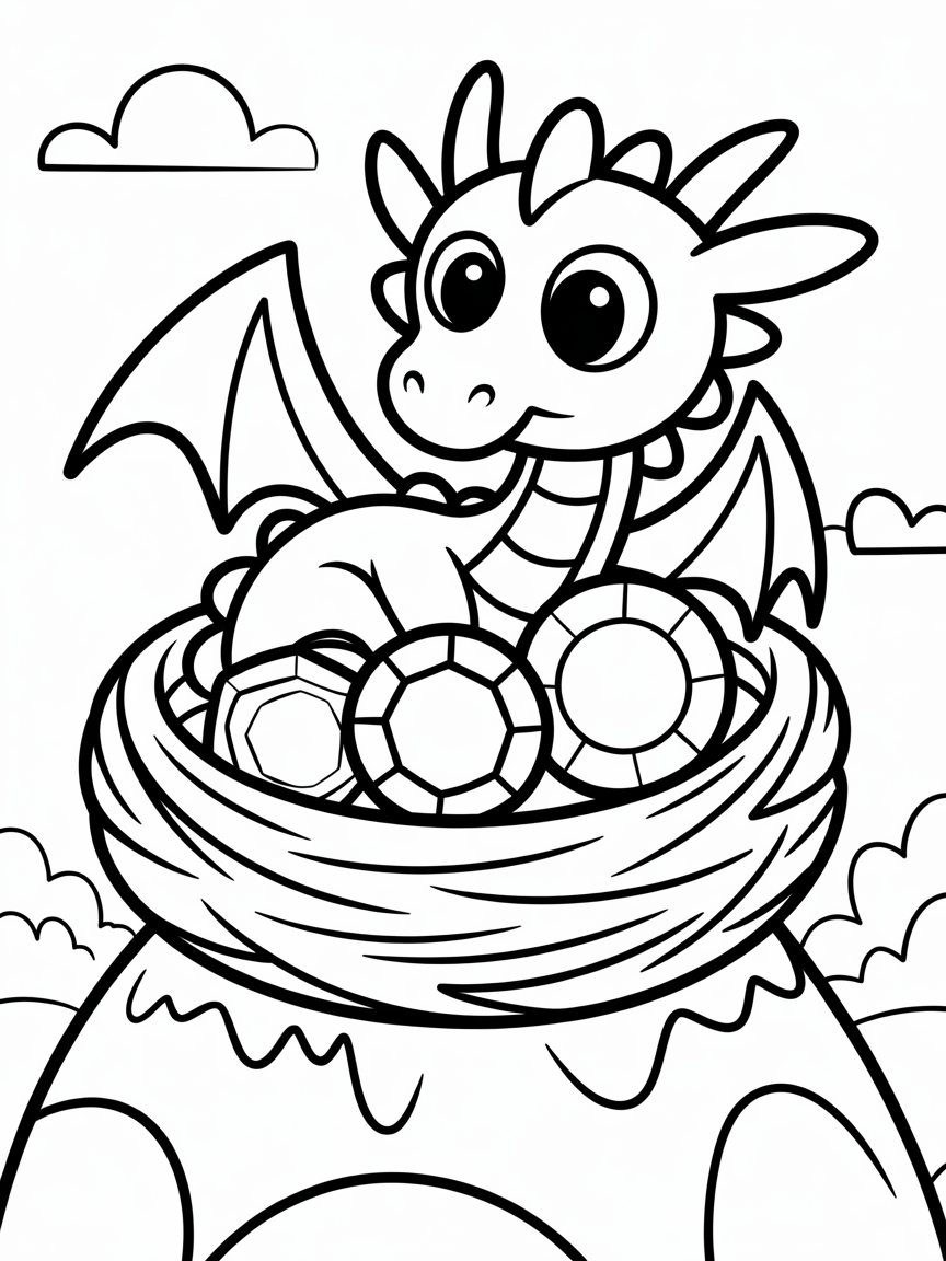 Drache mit Edelsteinen im Nest auf einem Berg - Free Coloring Page