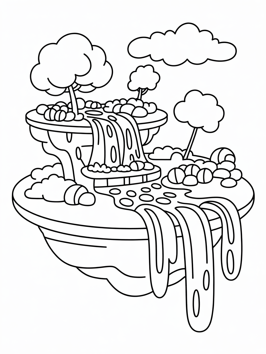 Floating island with candy waterfalls - Free Coloring Page