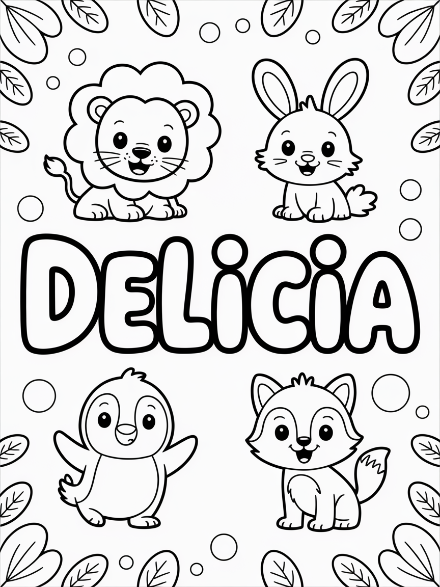 A page with the name Delicia with an animal background - Free Coloring Page