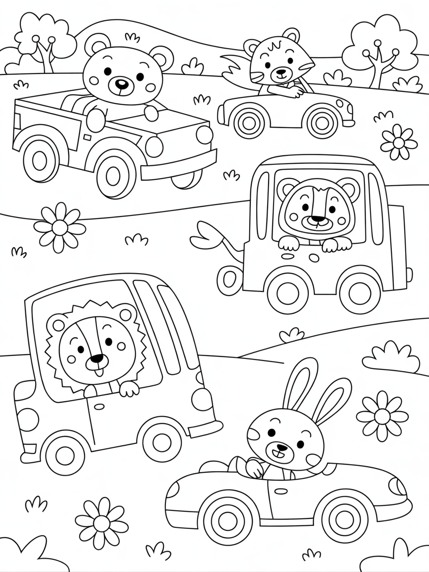 Lots of different vehicles driven by animals - Free Coloring Page
