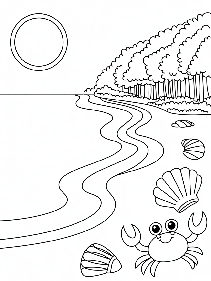 Beach surrounded by woodland - Free Coloring Page