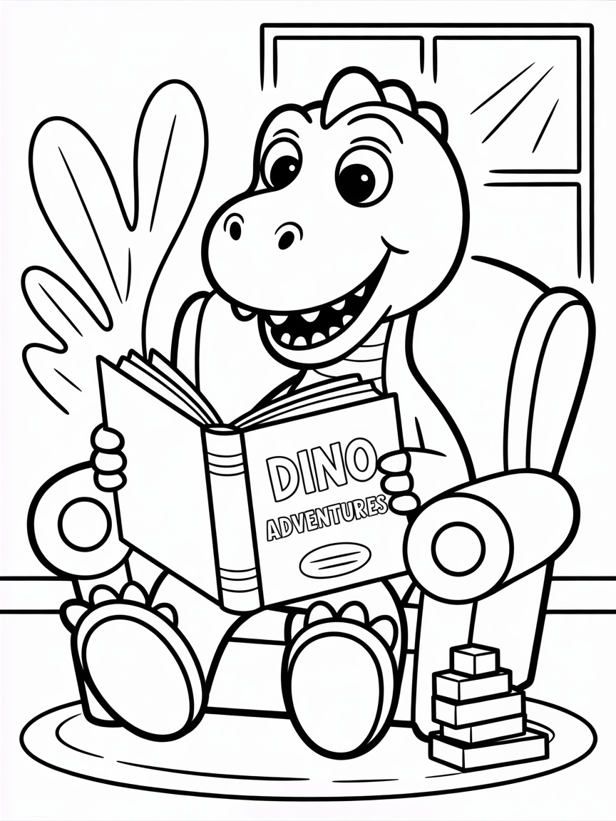 Dinosaur reading a book - Free Coloring Page