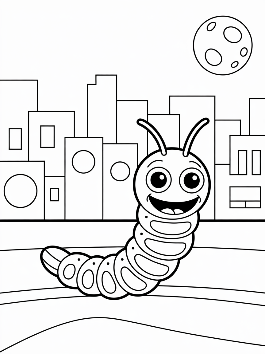Glowworm in the dark glowing in front of a city at night in the background - Free Coloring Page