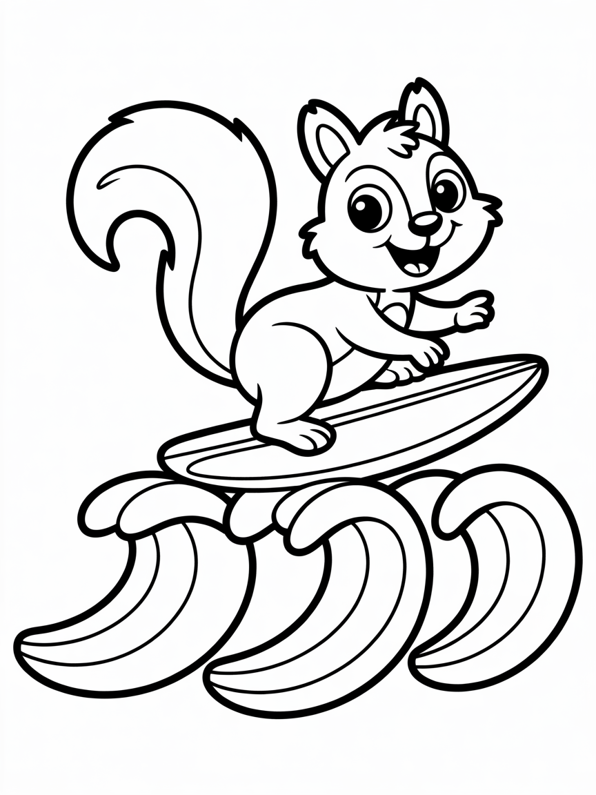 Squirrel surfing on banana waves - Free Coloring Page
