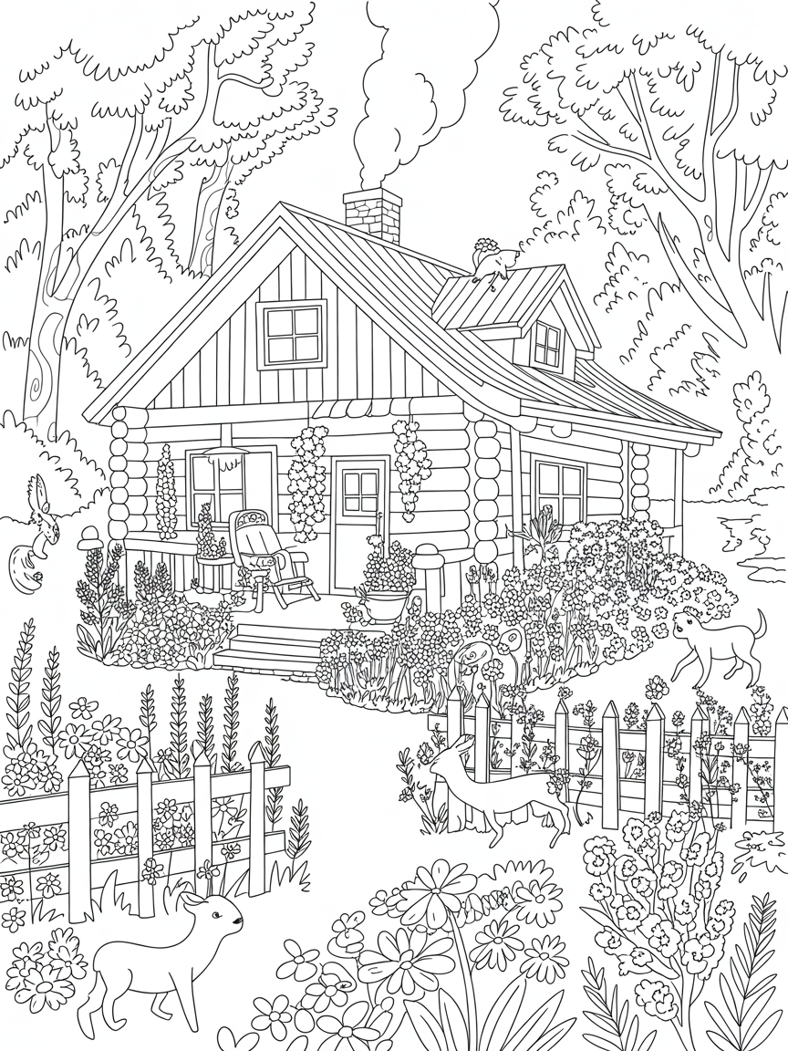 Log cabin Woodland retreat in lush surroundings with wildlife and a cottage garden. - Free Coloring Page