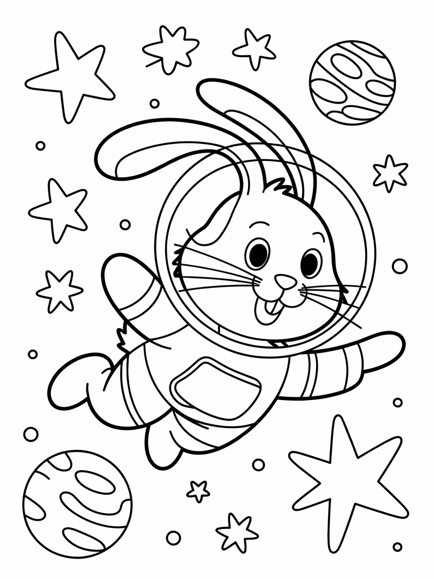 A floppy eared rabbit in space with a little space suit - Free Coloring Page