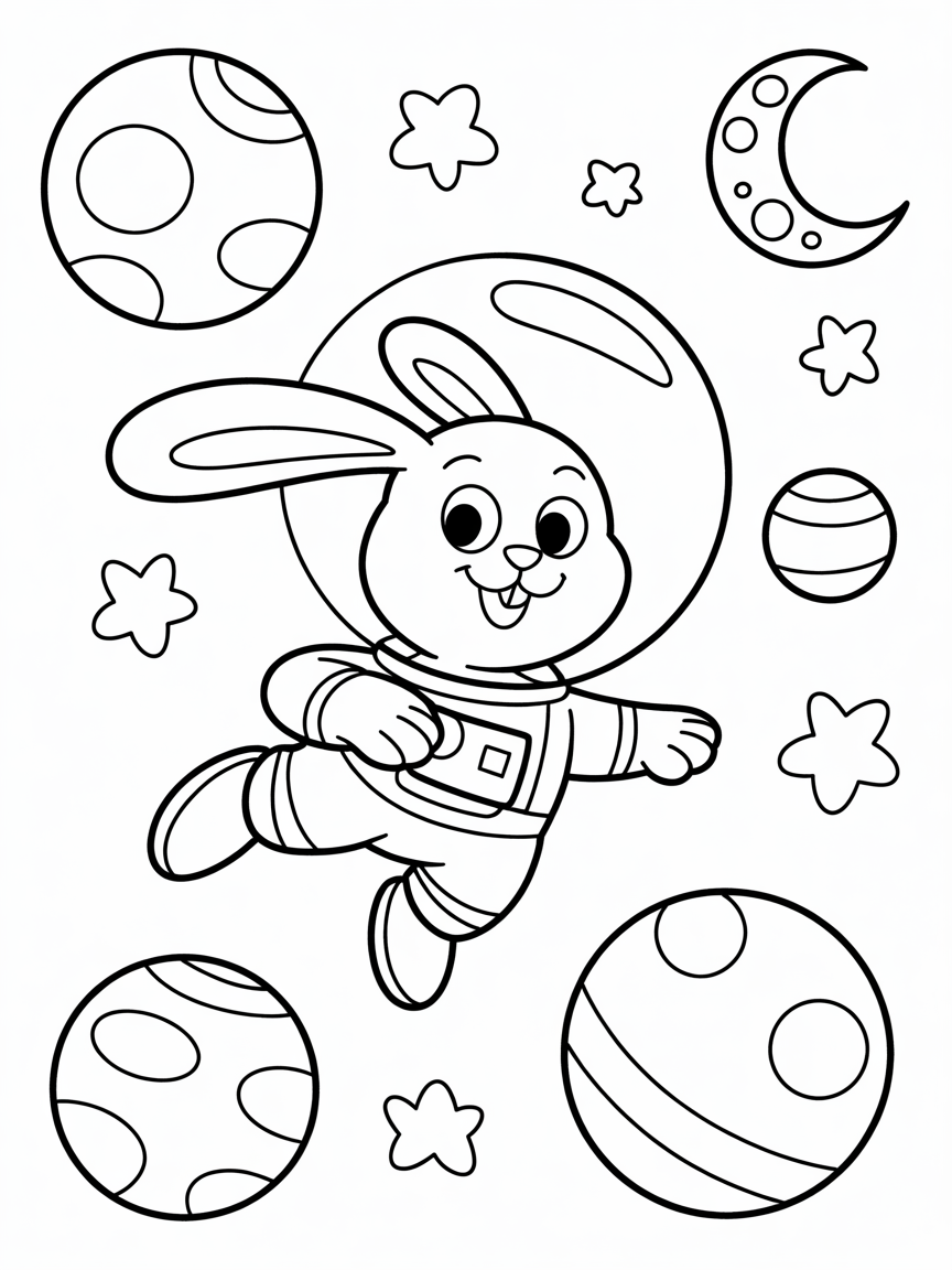 A floppy eared rabbit in space with a little space suit - Free Coloring Page