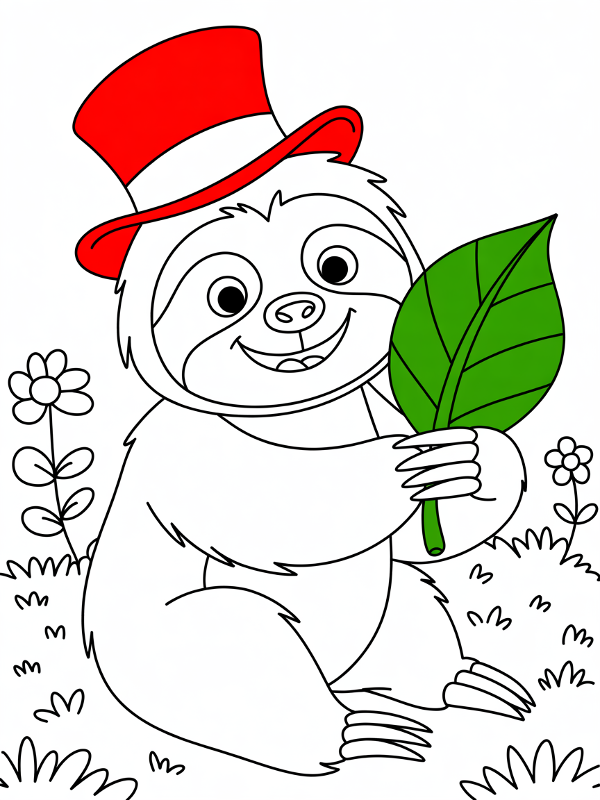 Sloth in a hat - Free Coloring Page