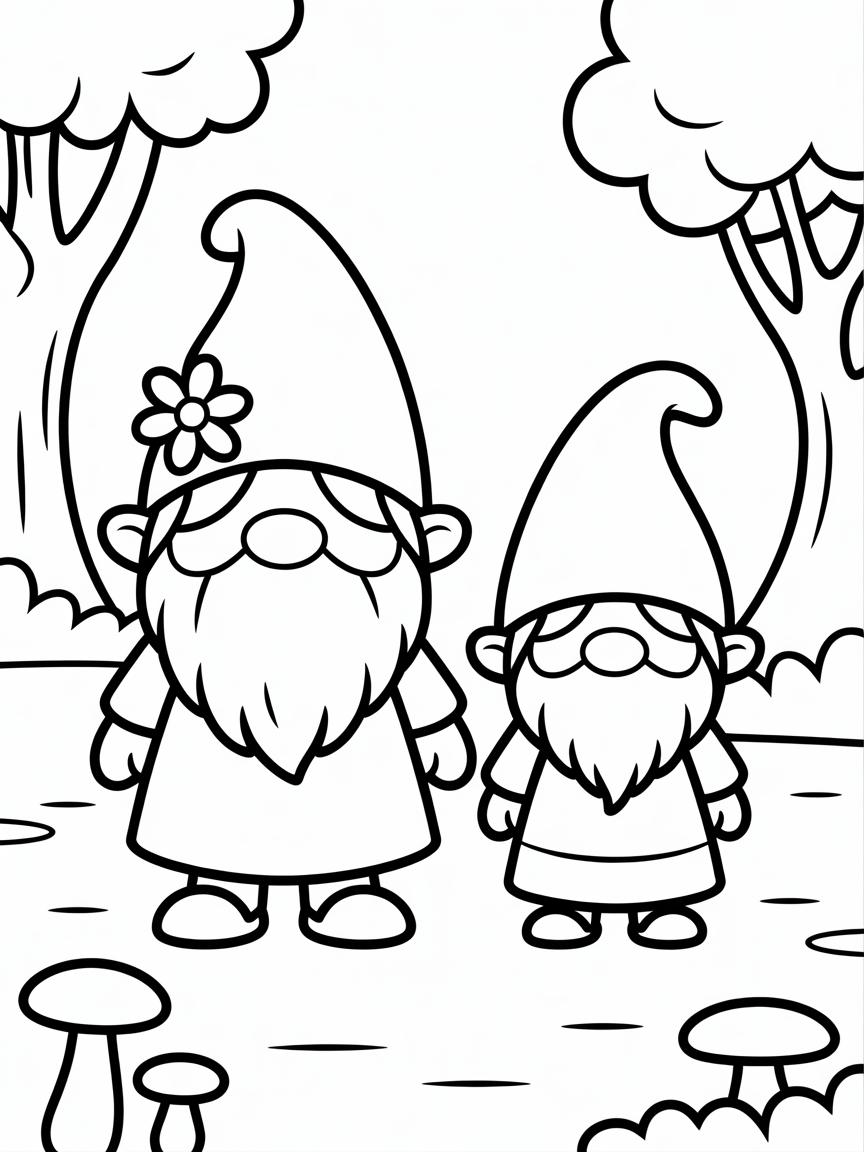 a colored old female gnom standing by look alike young female gnom - Free Coloring Page