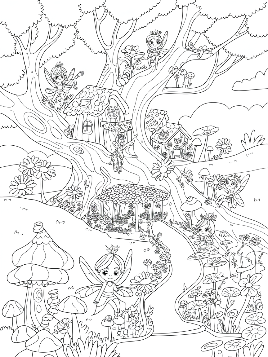 A fairy village with plant fairies - Free Coloring Page