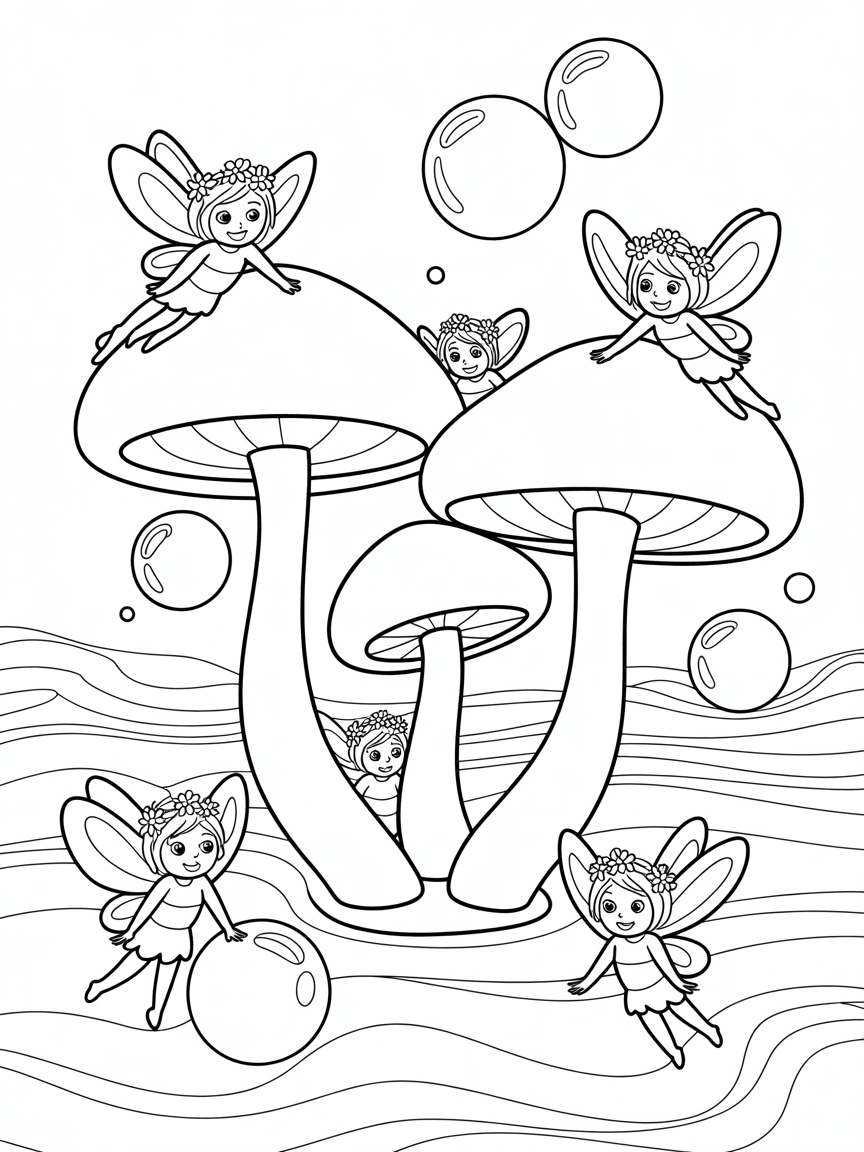 Fairy mushroom ocean - Free Coloring Page