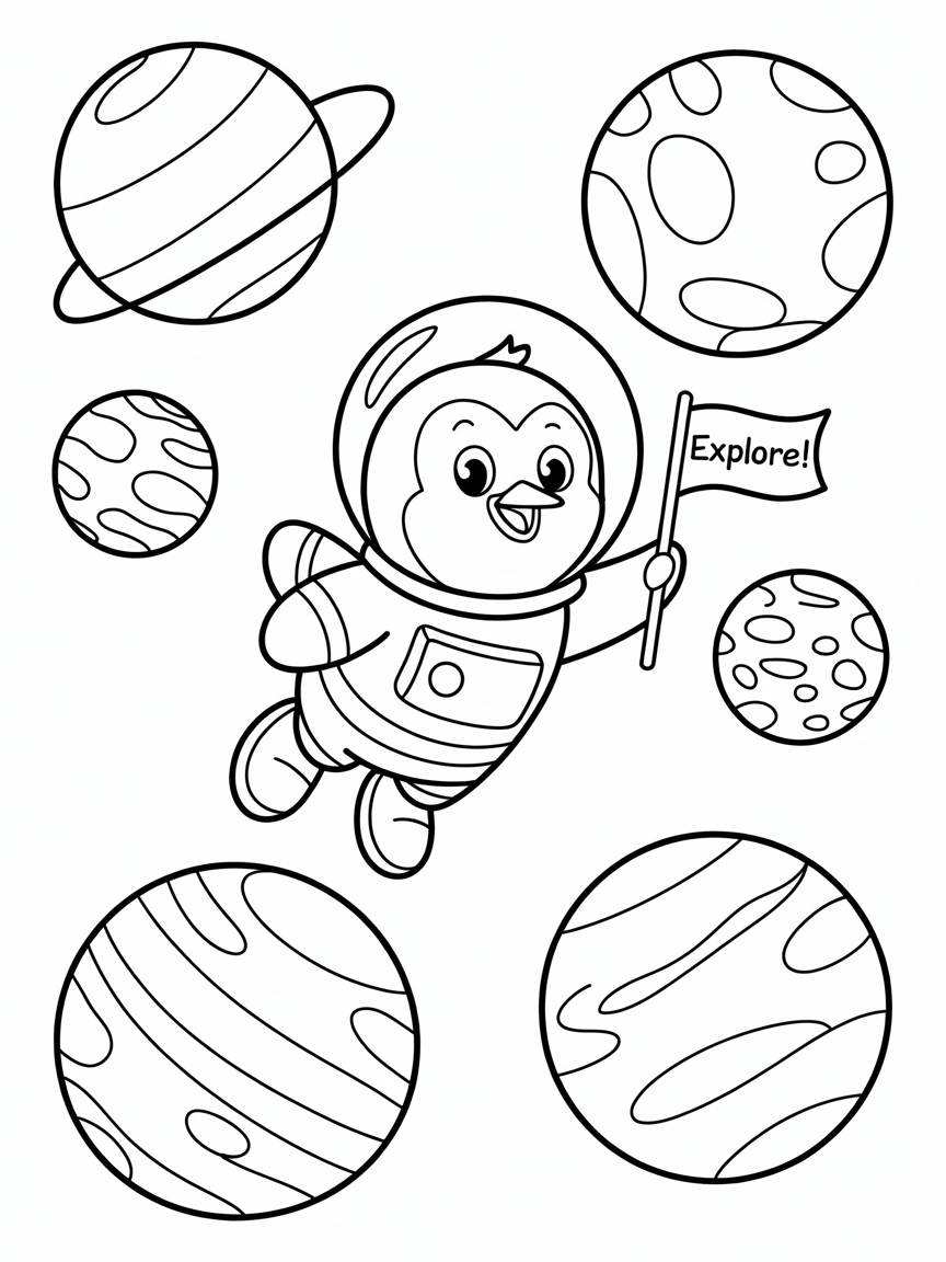 Penguin in space with planets - Free Coloring Page