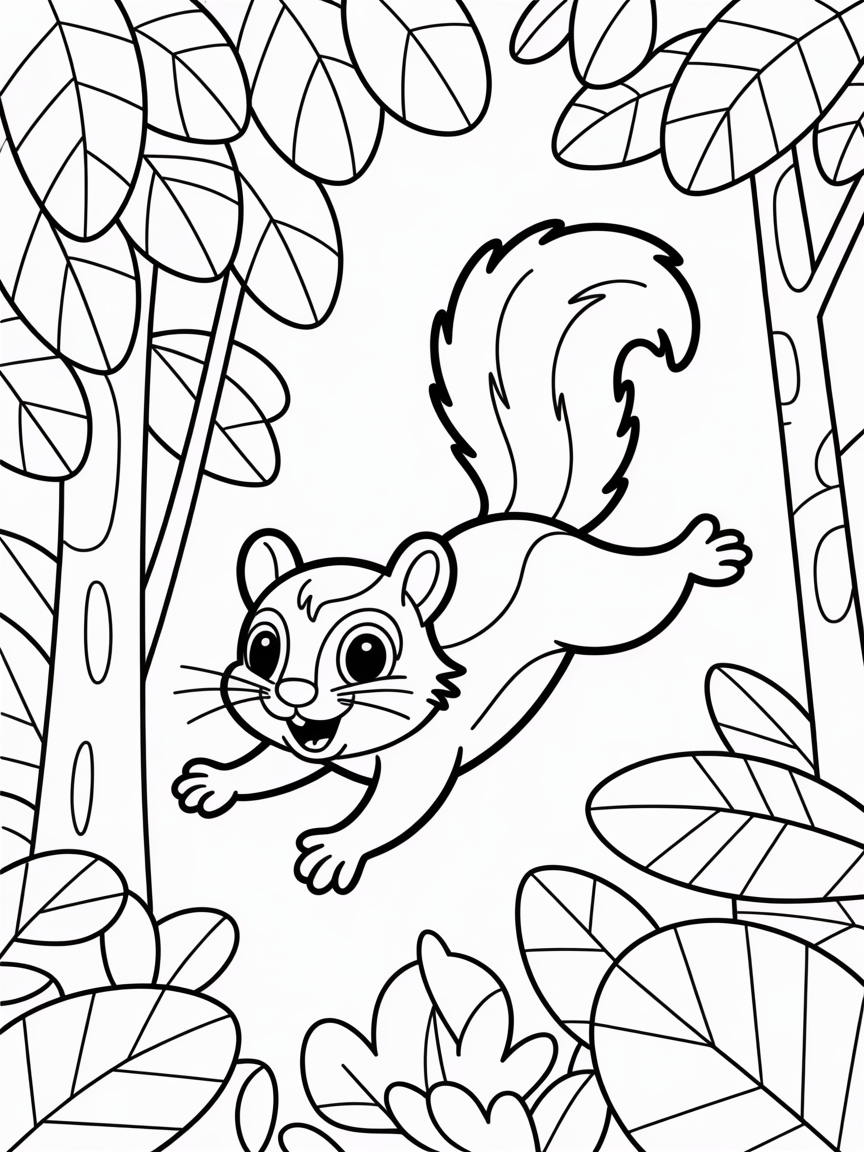 Flying squirrel gliding over rainforest canopy - Free Coloring Page