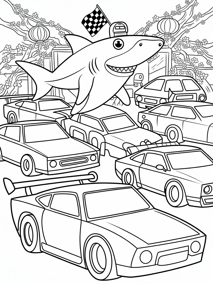 Hammerhead shark on a car meet in japan - Free Coloring Page