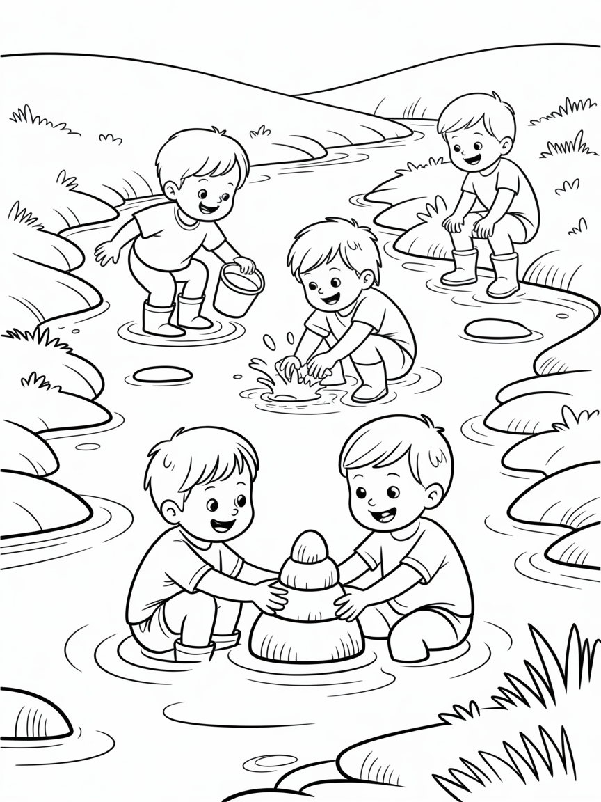 little children playing in the country creek - Free Coloring Page