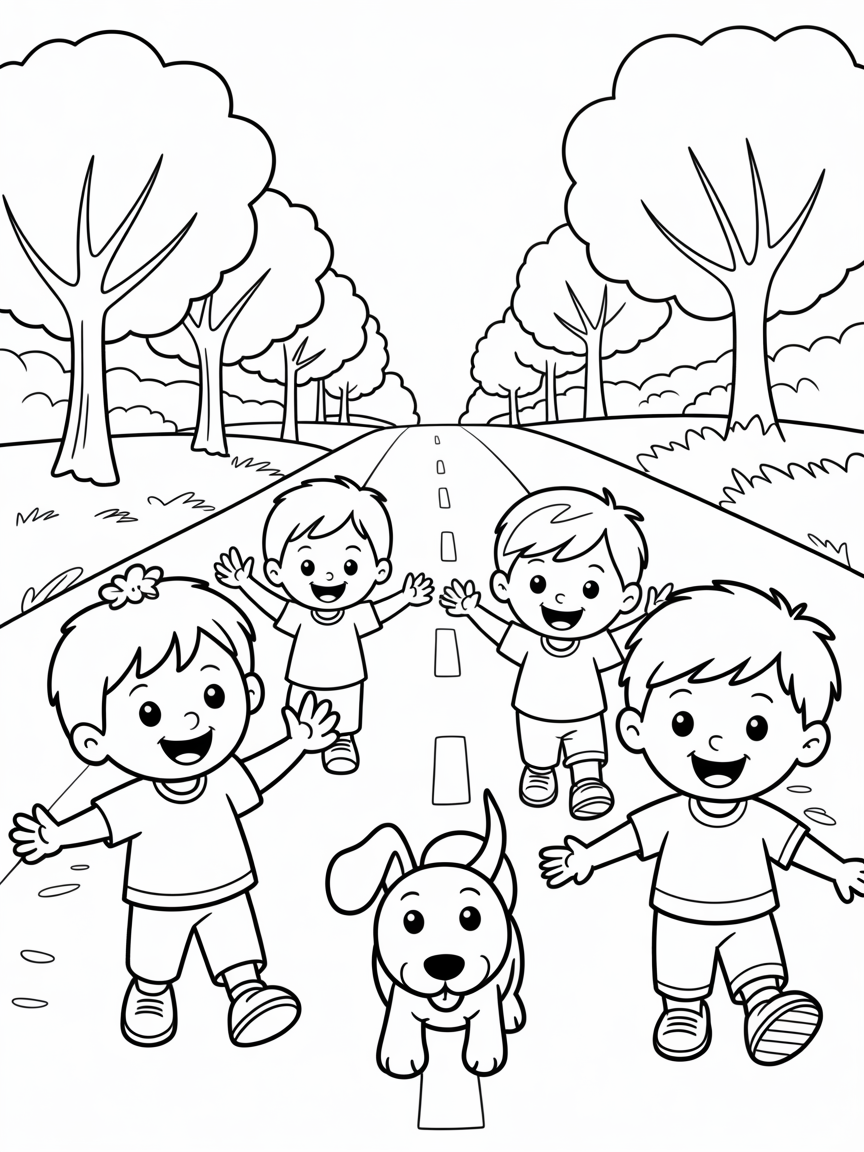 real life like children walking down a tree lined country dirt road with dog following - Free Coloring Page
