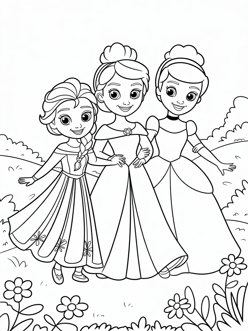 Een tekening waarop Elsa, prinses sophia en assepoester staan - Free Coloring Page
