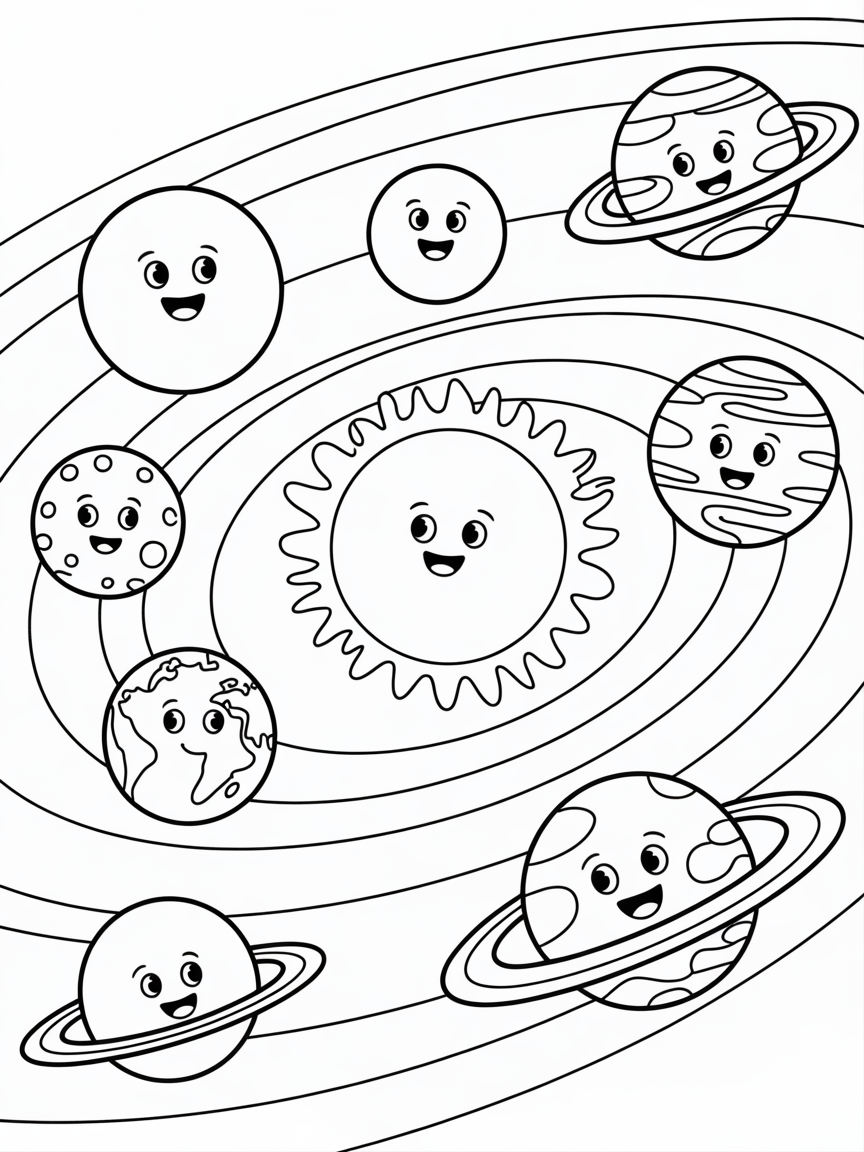The solar system with happily faces on all the planets - Free Coloring Page
