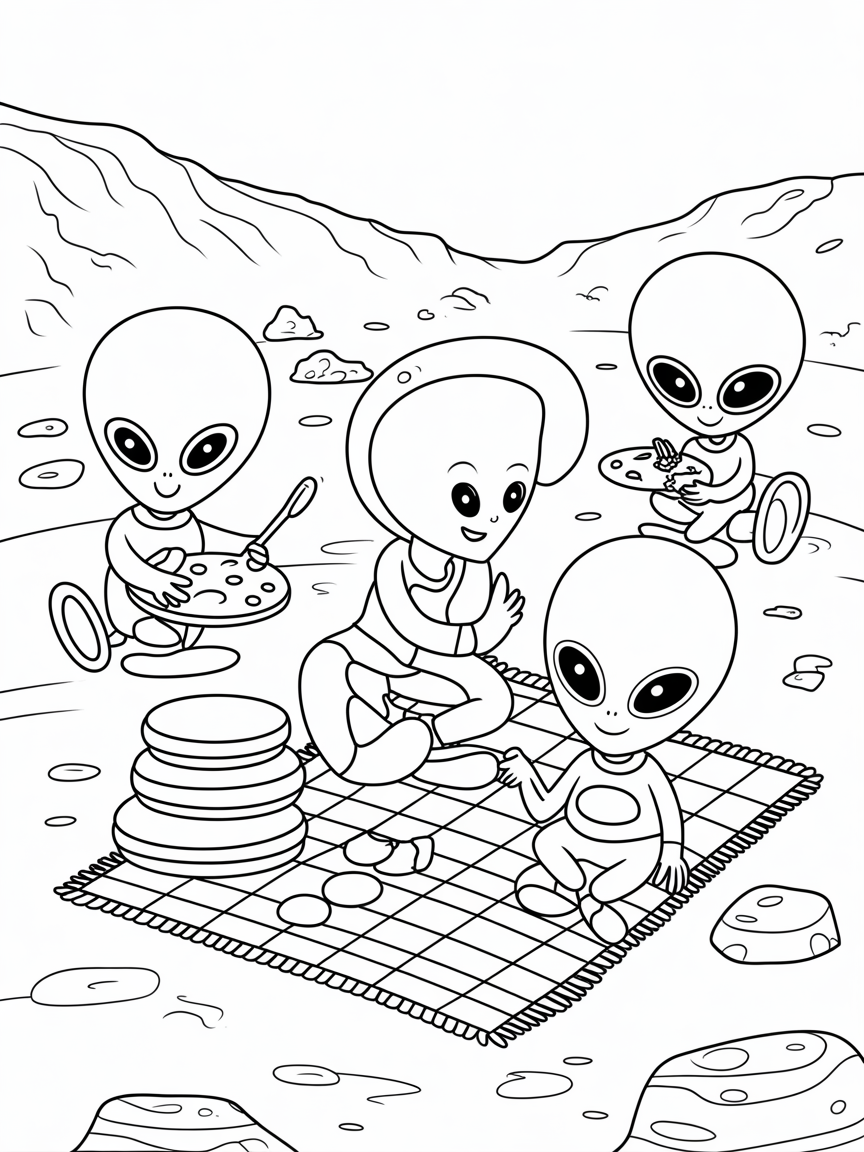 Space aliens having a picnic on Mars - Free Coloring Page