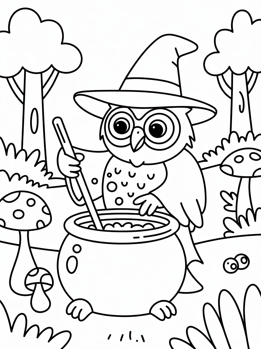 Wizard owl mixing potions in forest - Free Coloring Page