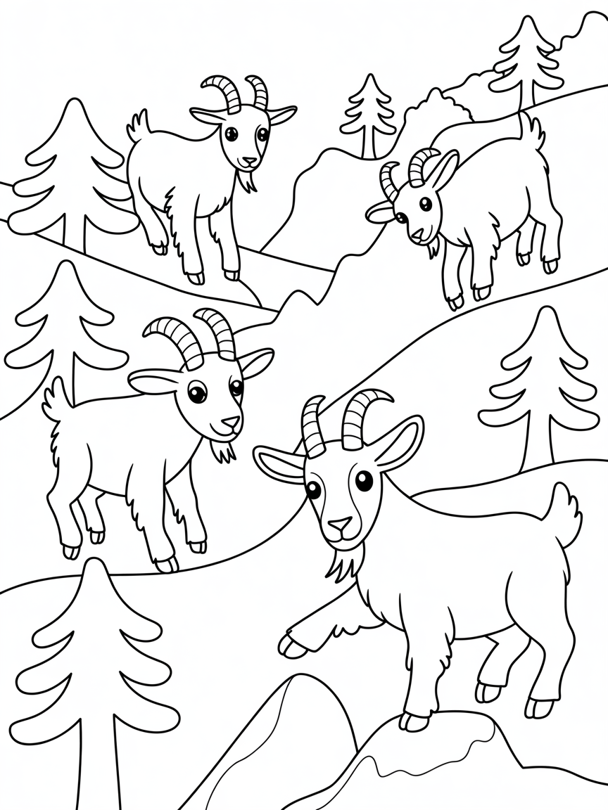 Mountain goats on a mountain side with pine trees - Free Coloring Page