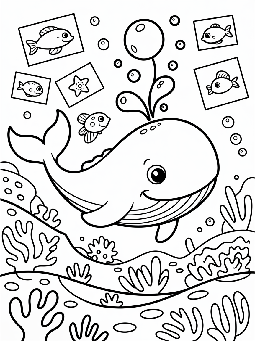Whale sending postcards under the sea - Free Coloring Page