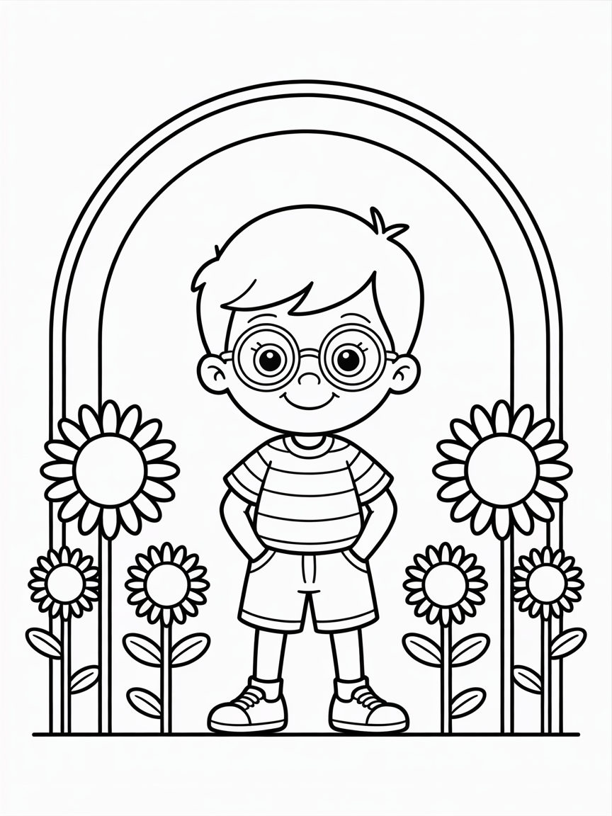 Thin 7 year old boy with glasses - Free Coloring Page