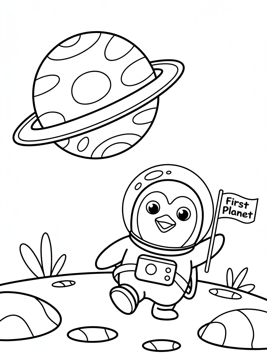 Penguin astronaut discovering a new planet - Free Coloring Page