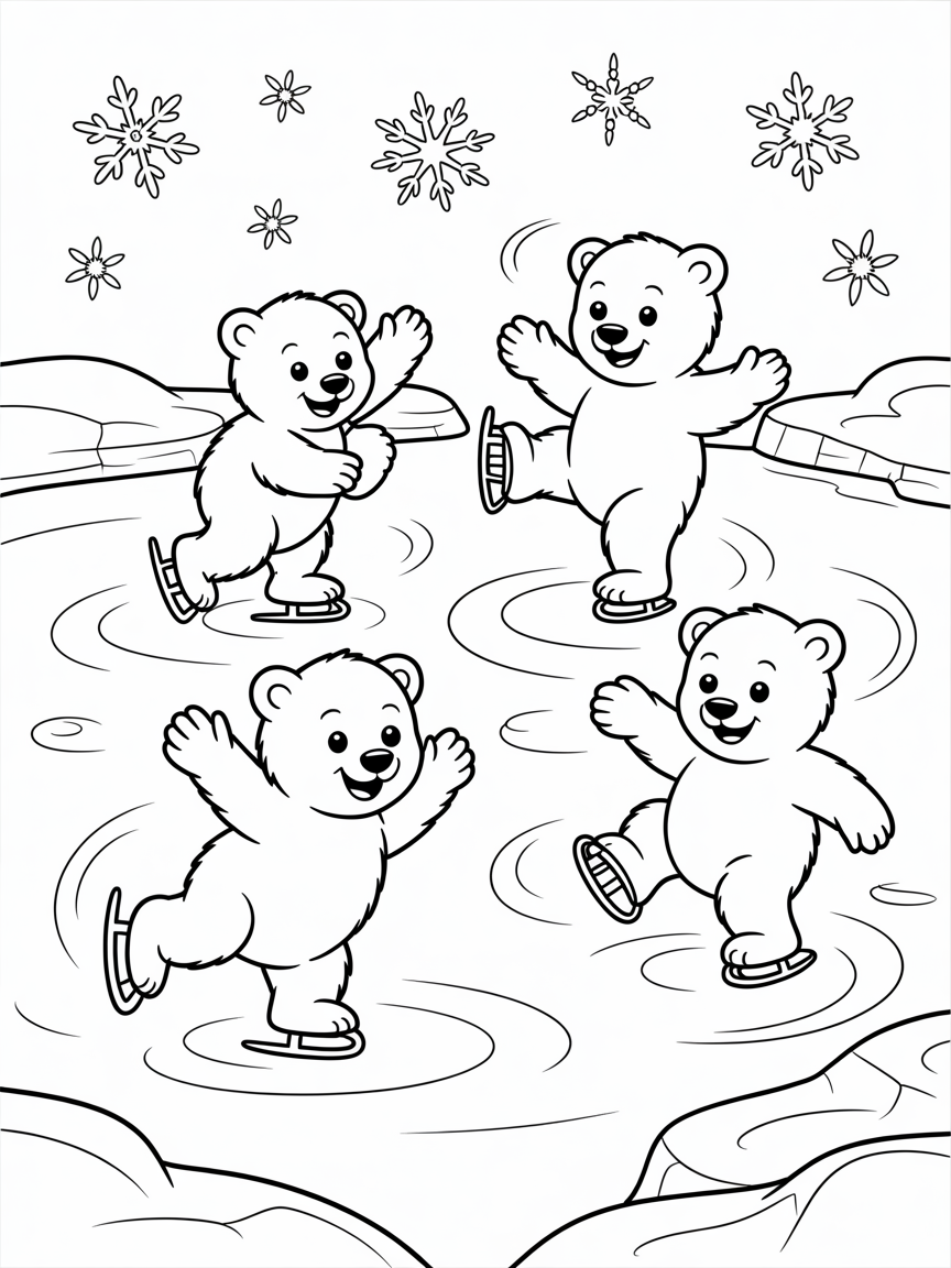 Polar bears ice skating together - Free Coloring Page