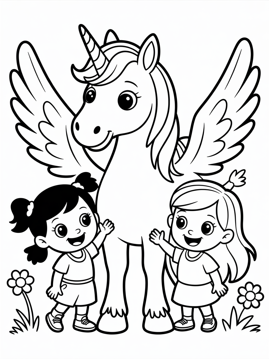A white unicorn with wings, two girls one with dark hair and one with blond hair - Free Coloring Page