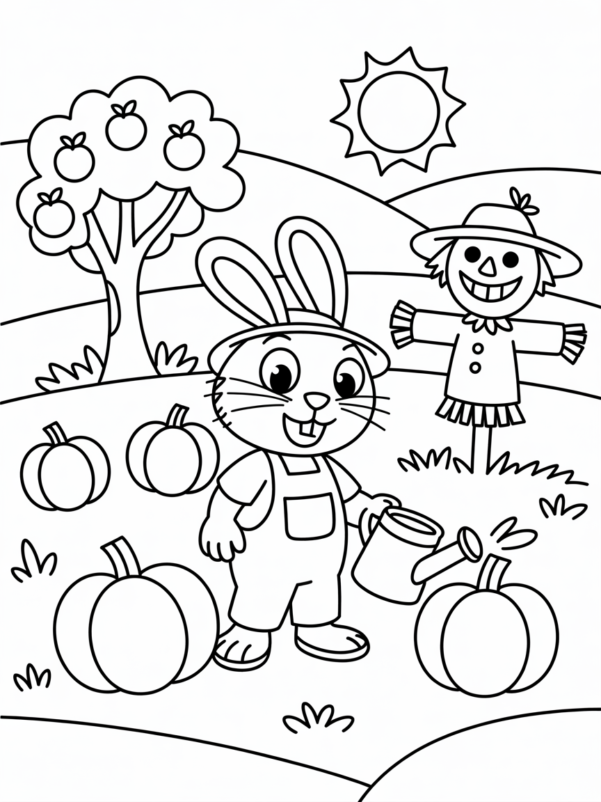 A cute rabbit farmer in a farm - Free Coloring Page
