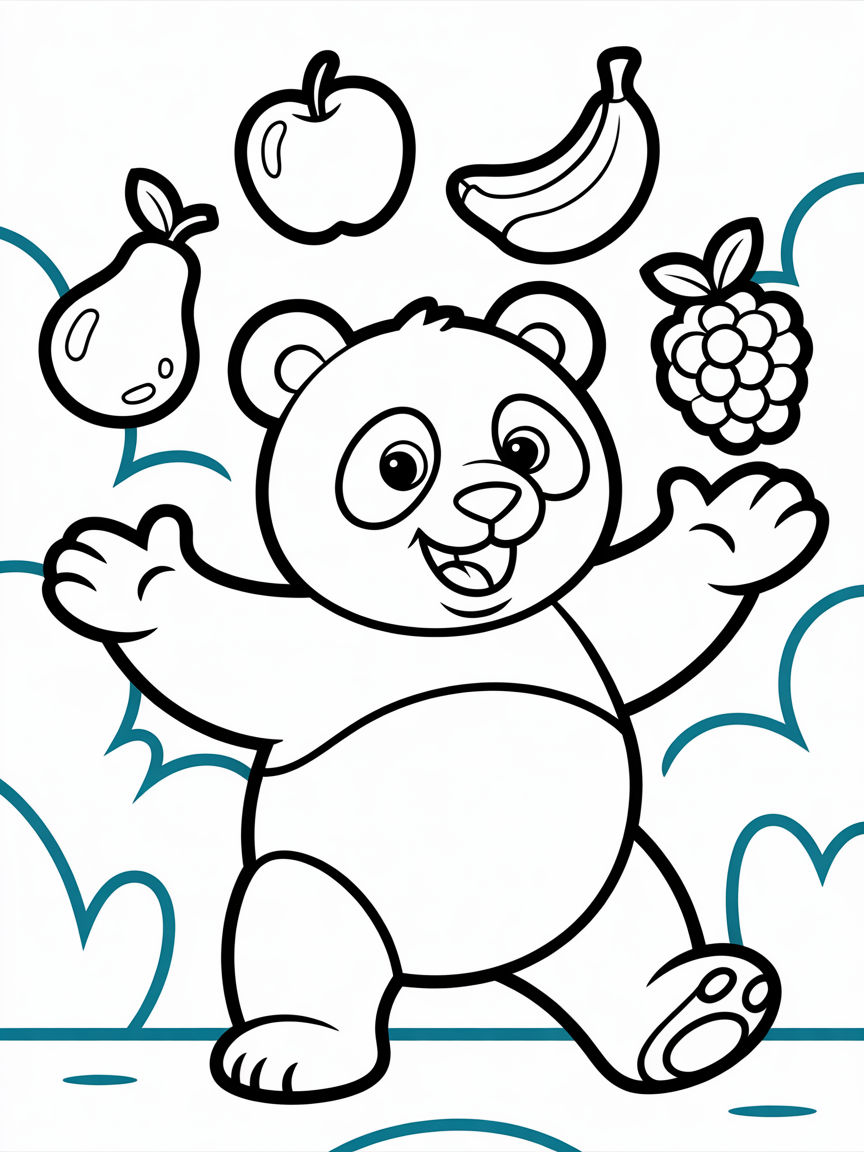Panda juggling colorful fruits - Free Coloring Page
