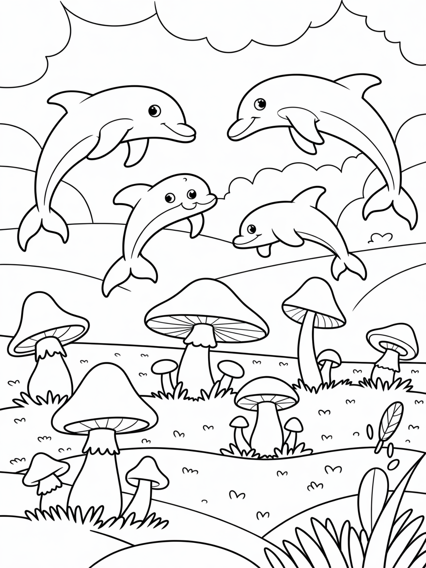 a mushroom garden with dolphins - Free Coloring Page