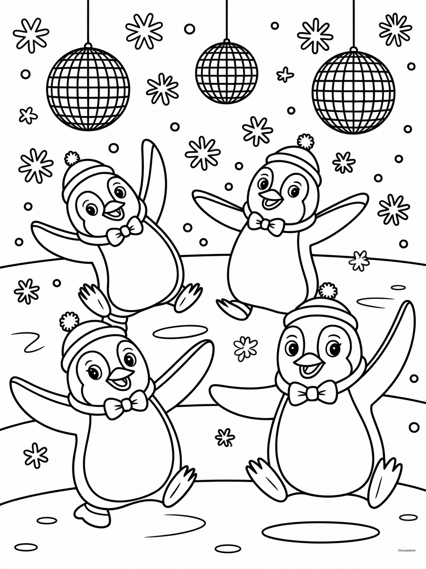 Penguins dancing in snowy disco - Free Coloring Page