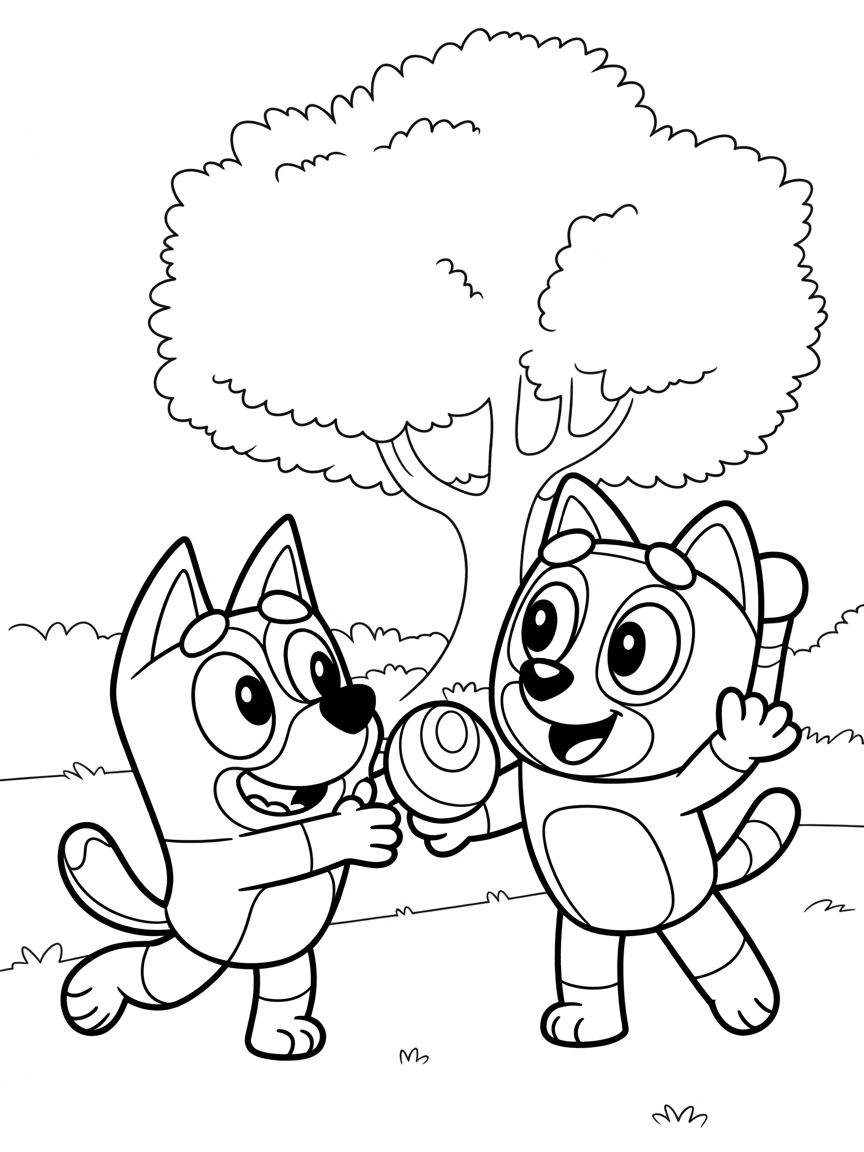 Bluey playing with Gabby from Gabbys Dollhouse - Free Coloring Page