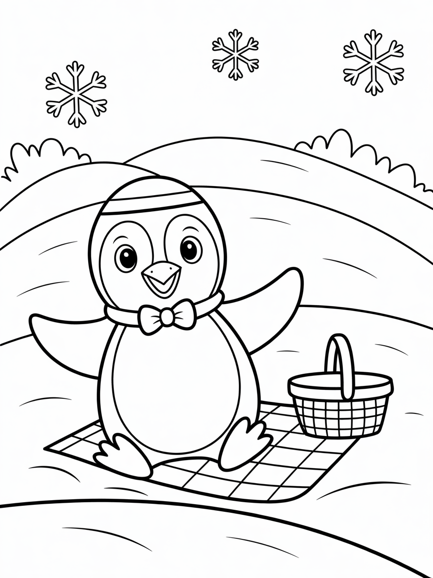 Penguin picnicking on a snowy hill - Free Coloring Page