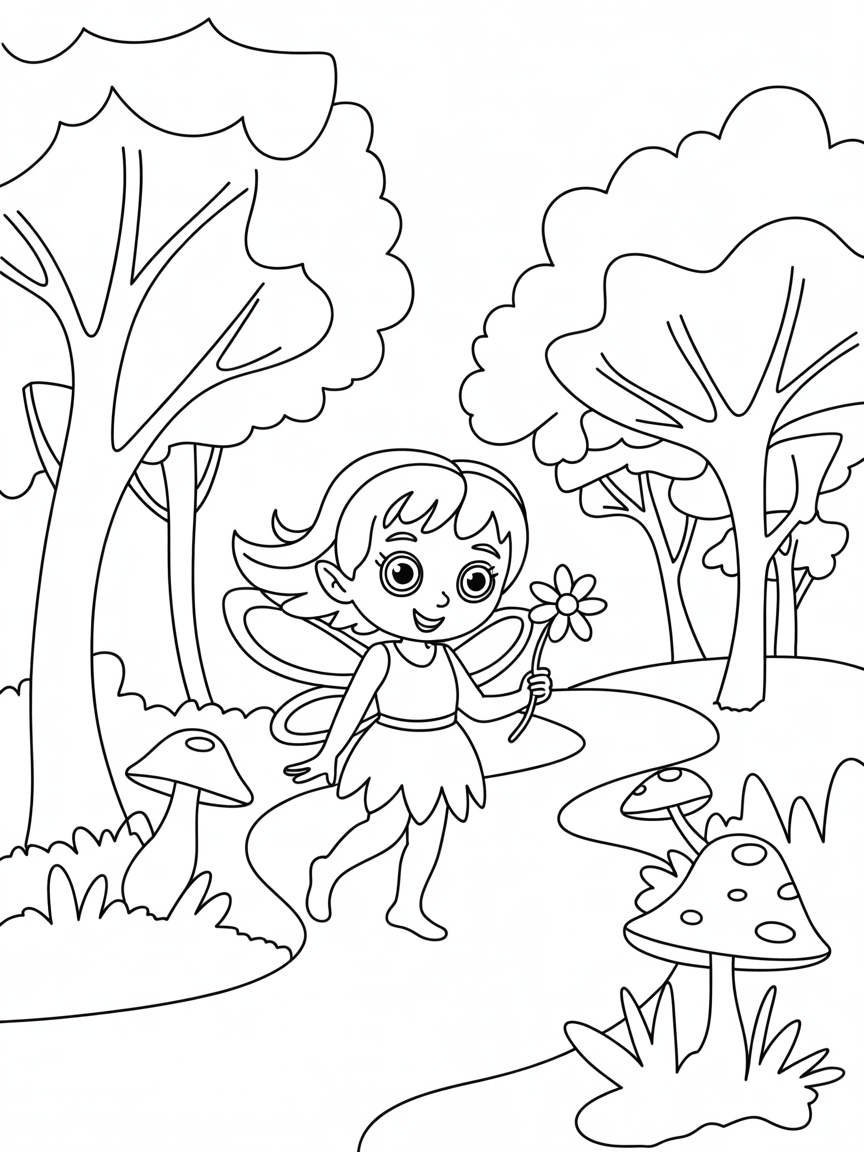 Fairy in a forest - Free Coloring Page