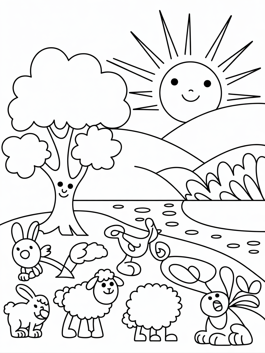 I want a coloring page for a 6 year old, it's about a new beginning and about the creation of everything - Free Coloring Page