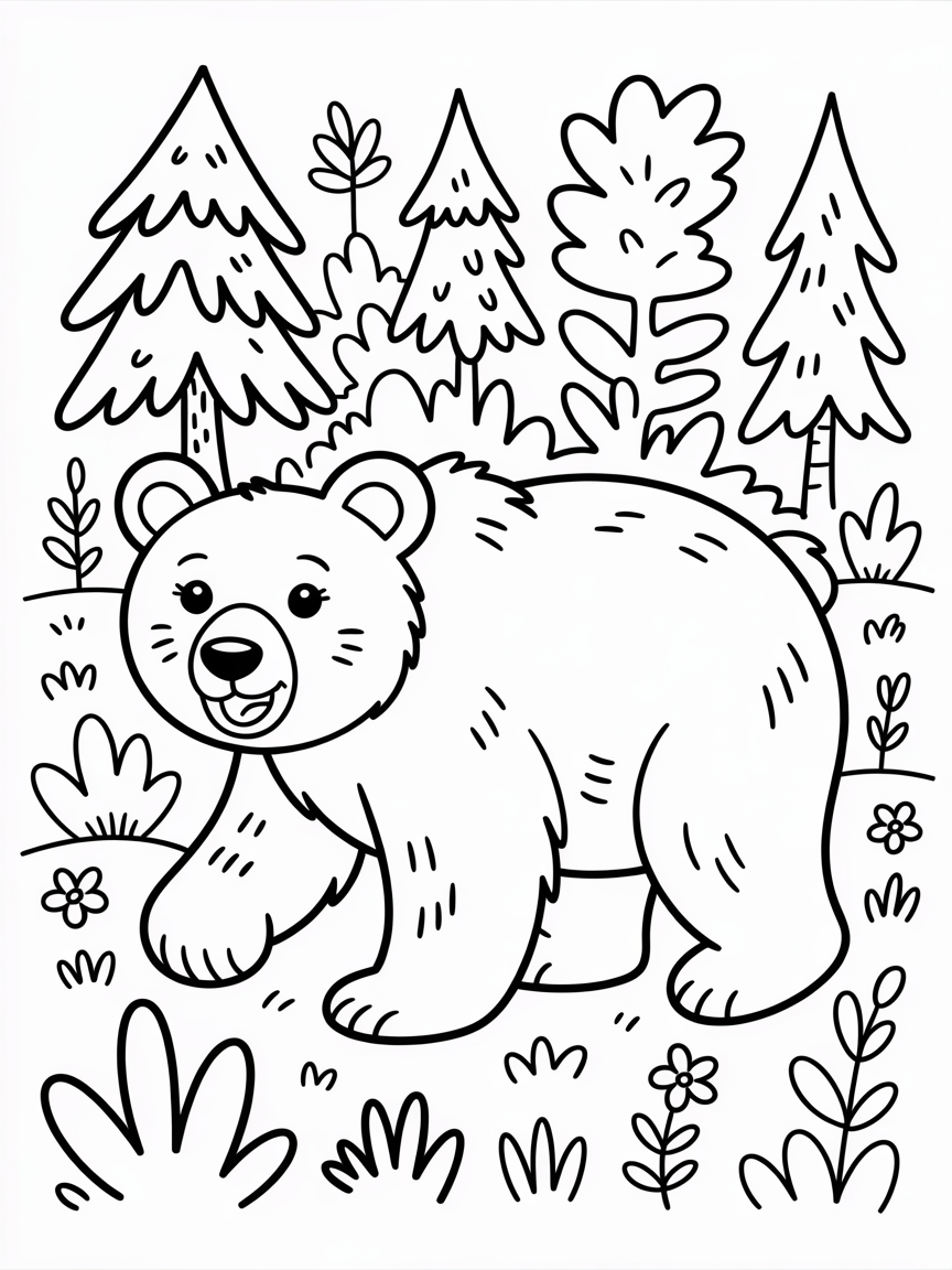 finnish Brown bear walking in forrest - Free Coloring Page