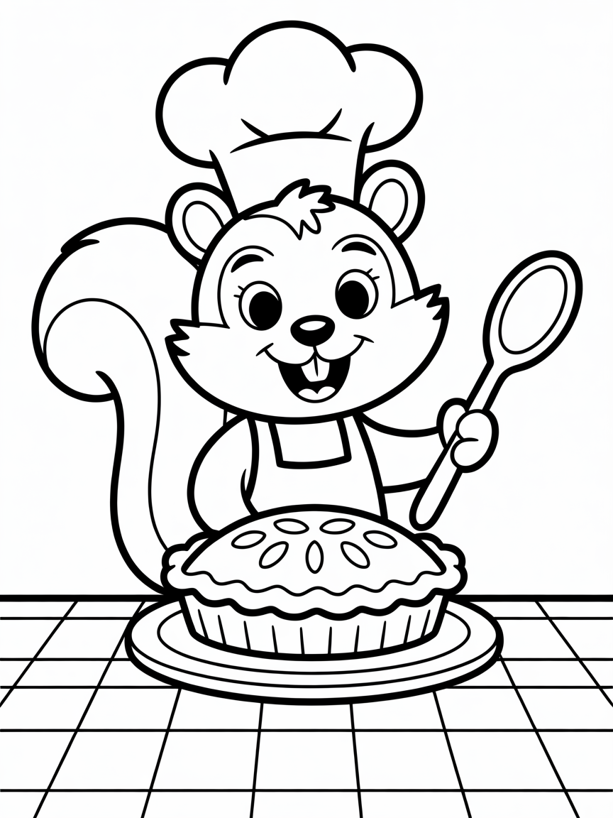 Squirrel chef baking acorn pie - Free Coloring Page