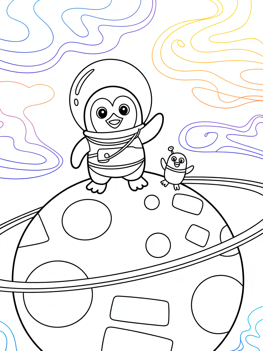 Penguin astronaut exploring colorful planet - Free Coloring Page