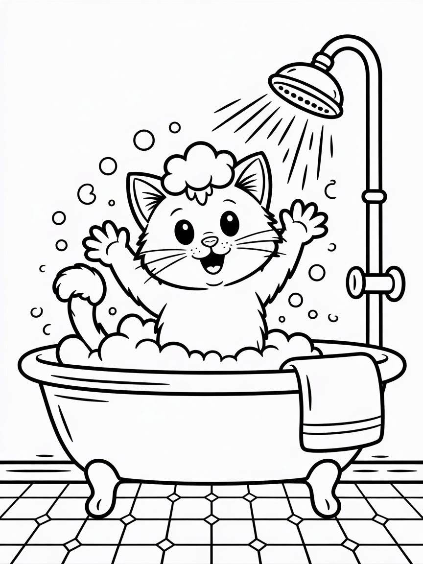 A cat having a shower - Free Coloring Page