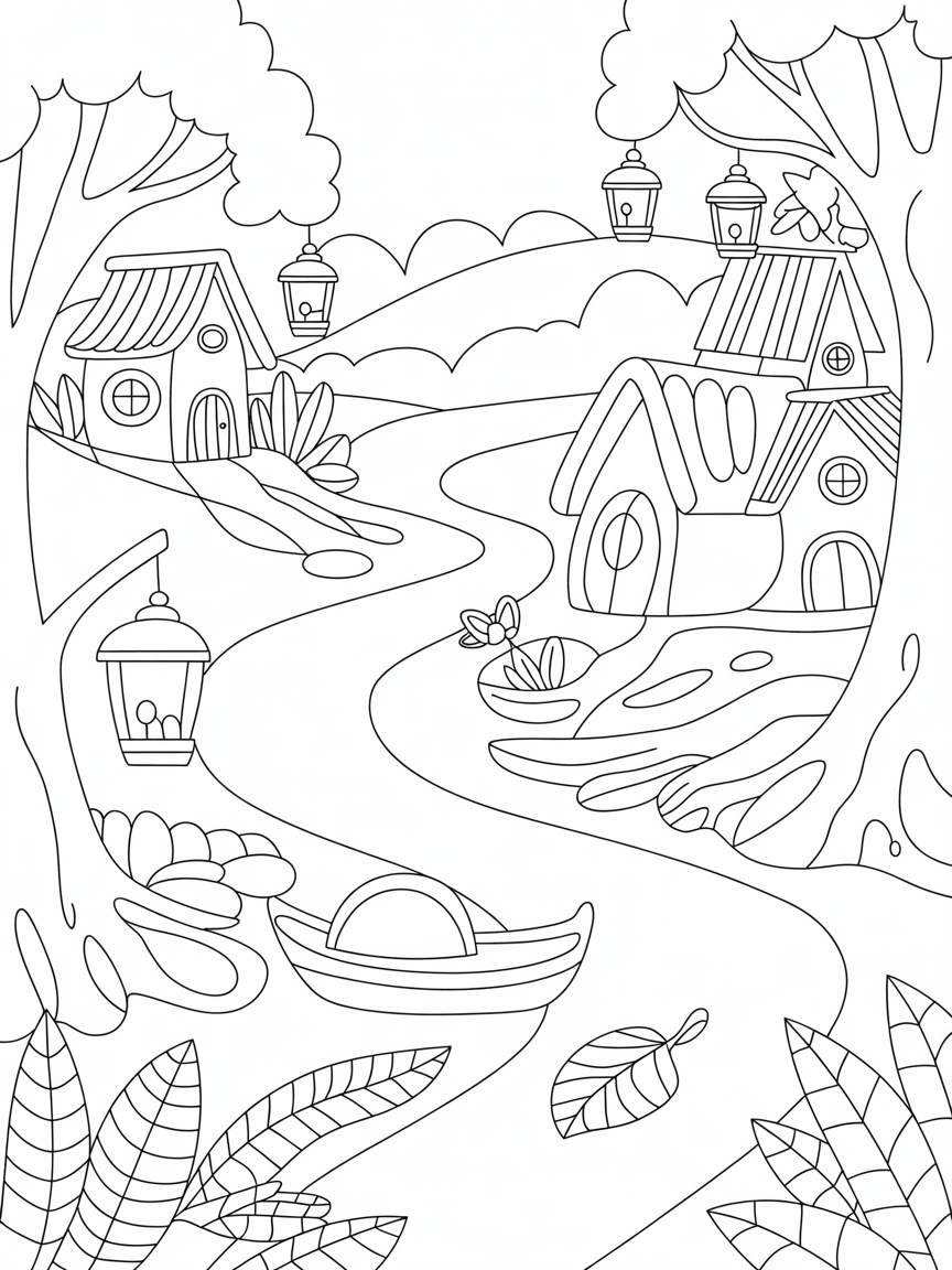 Fairy land with boats leafs and fairy lanterns and trees with fairy hiuses - Free Coloring Page