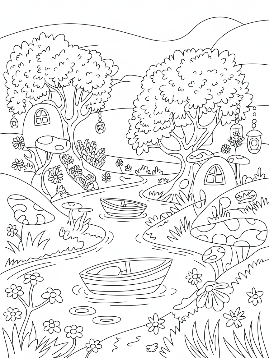 Fairy land with boats leafs and fairy lanterns and trees with fairy houses - Free Coloring Page