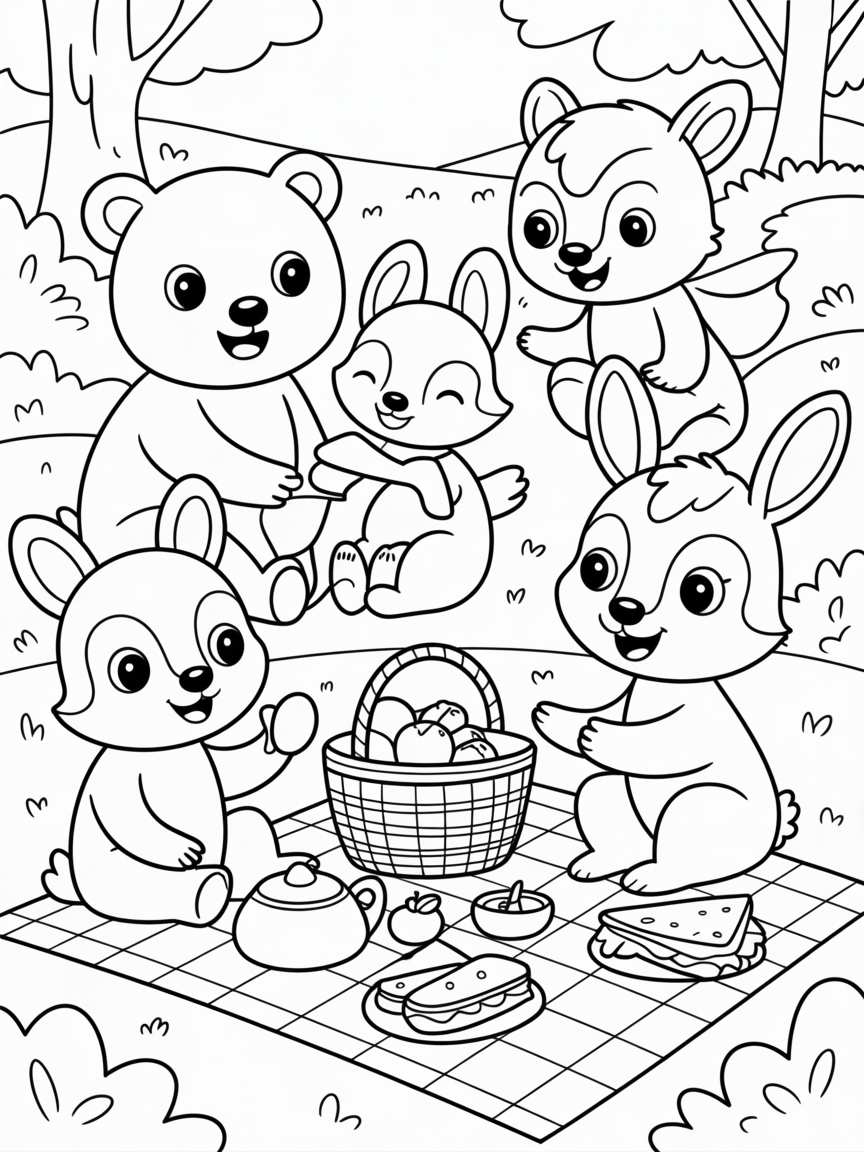 Forest animals having a picnic party - Free Coloring Page
