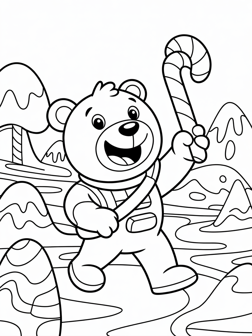 Astro-bear exploring a candy planet - Free Coloring Page