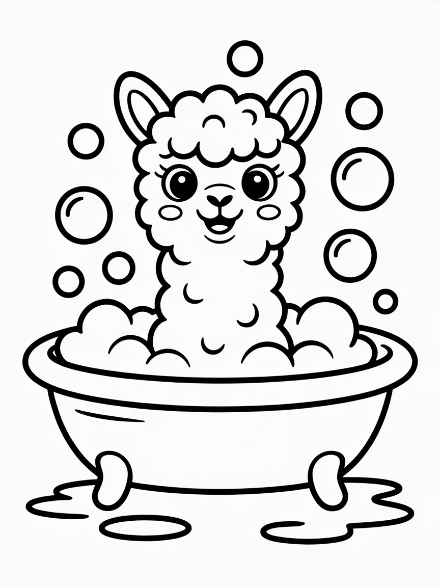 Rainbow alpaca in a bubble bath - Free Coloring Page