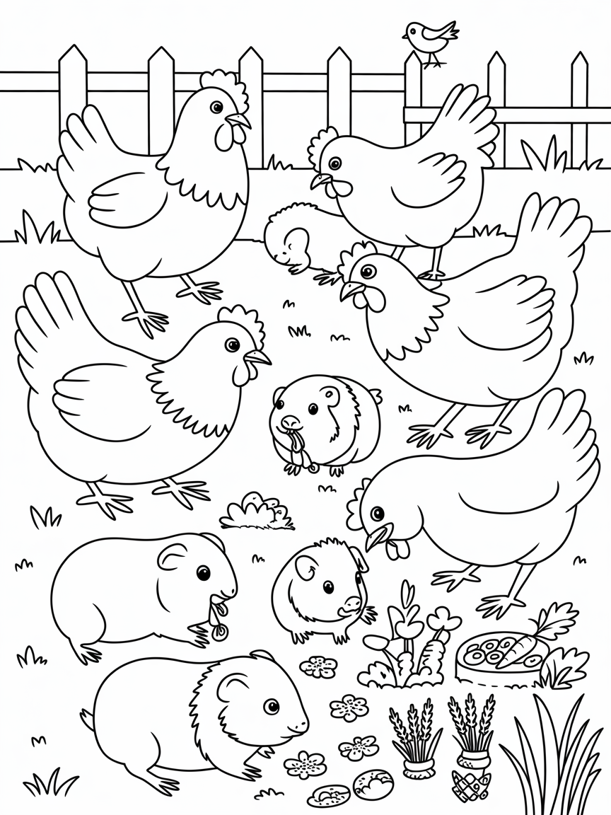 Chickens and guinea pigs - Free Coloring Page